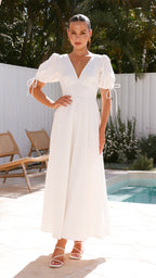 White Linen Puff Sleeve Maxi Dress – Smocked Back Fit & Flare Dress