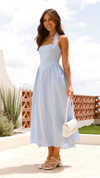 Powder Blue Linen Halter Midi Dress – Smocked Back Fit & Flare