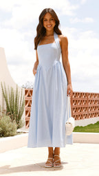 Powder Blue Linen Halter Midi Dress – Smocked Back Fit & Flare