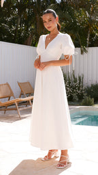 White Linen Puff Sleeve Maxi Dress – Smocked Back Fit & Flare Dress