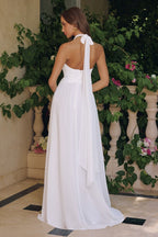 Chiffon Gown with a Deep V Halter Neckline and Soft Pleating, A-Line Silhouette