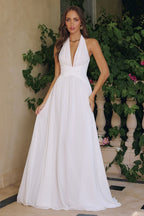 Chiffon Gown with a Deep V Halter Neckline and Soft Pleating, A-Line Silhouette