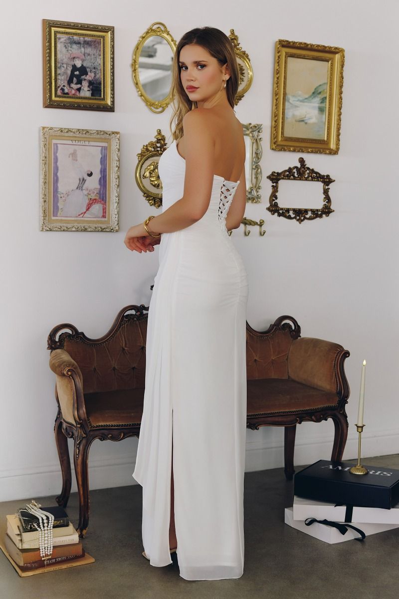 Strapless Chiffon Gown is, Sculpted Bodice and Draped Silhouette