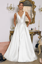 Mikado A-Line Bridal Gown with Deep V Neck and Pockets