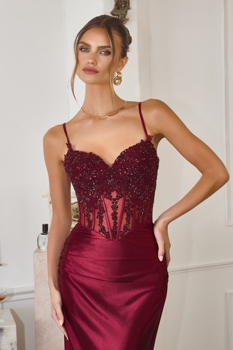 Embellished sheer corset bodice, lace-up back & delicate straps