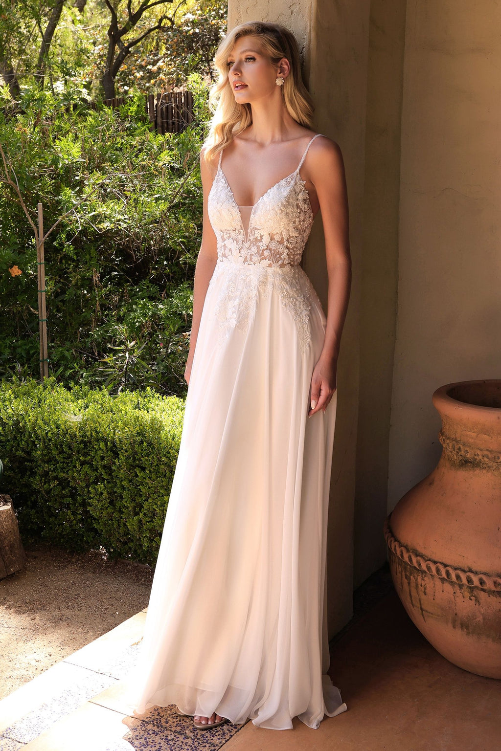 A-Line Chiffon Sheer Bodice Illusion V-Neck Long Wedding Dress