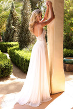 A-Line Chiffon Sheer Bodice Illusion V-Neck Long Wedding Dress