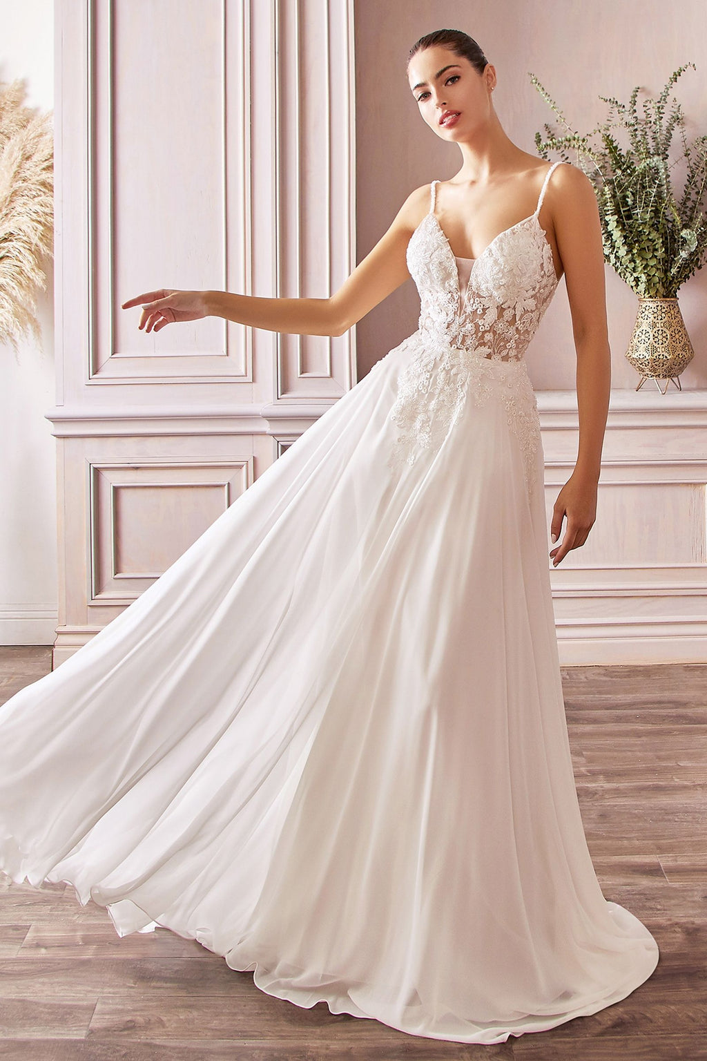A-Line Chiffon Sheer Bodice Illusion V-Neck Long Wedding Dress