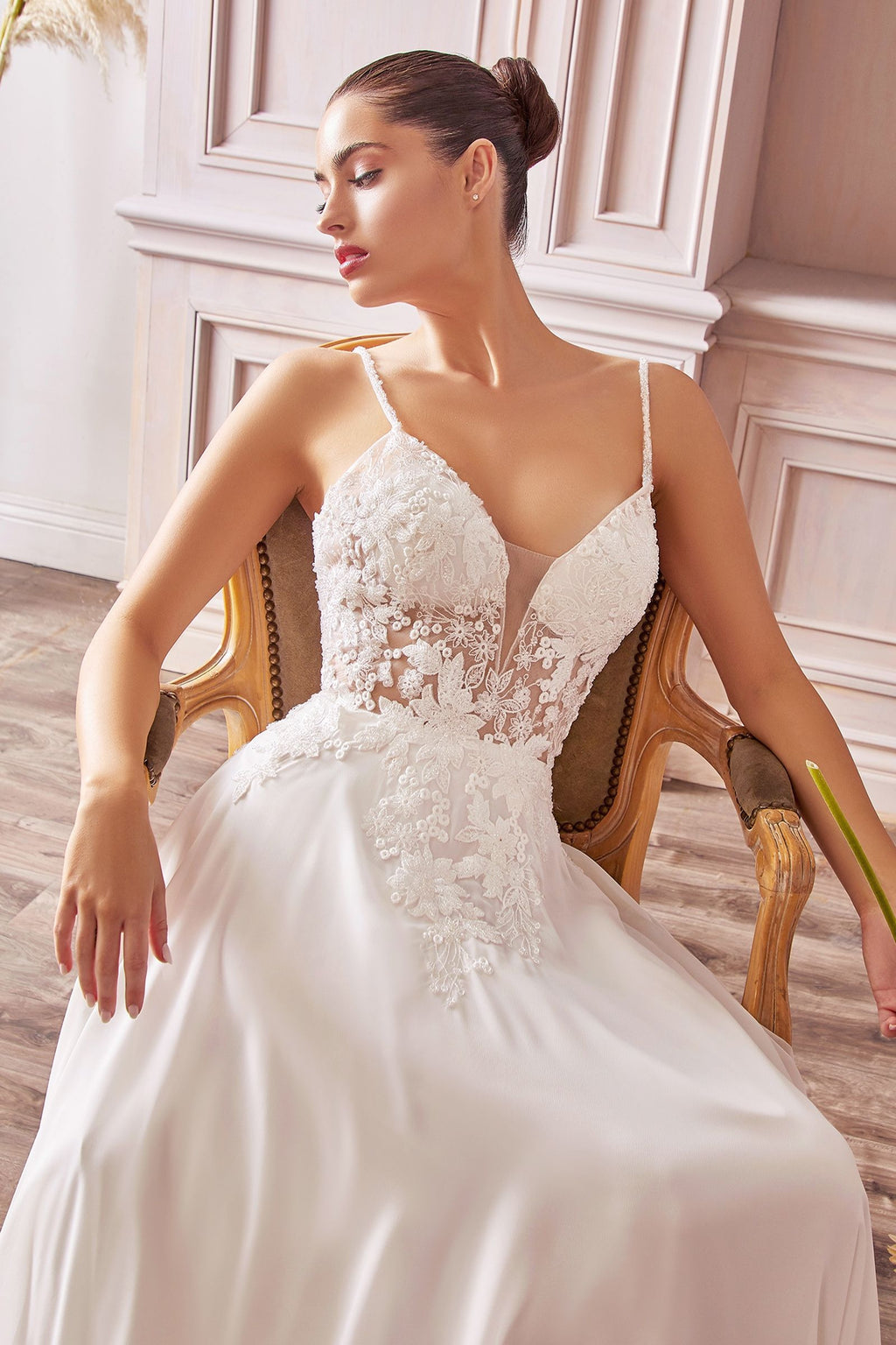 A-Line Chiffon Sheer Bodice Illusion V-Neck Long Wedding Dress
