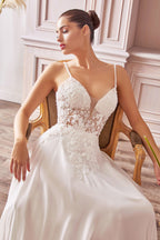 A-Line Chiffon Sheer Bodice Illusion V-Neck Long Wedding Dress