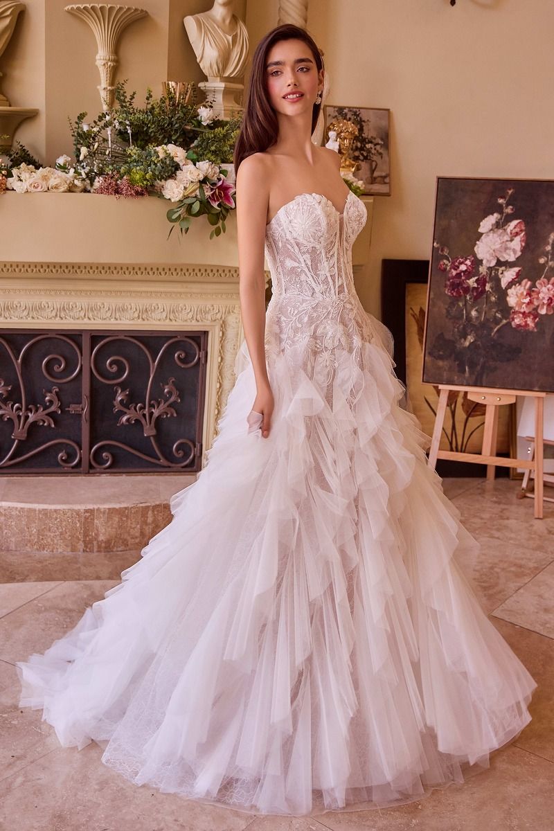 Strapless Drop Waist Cascading Wedding Dress