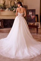 Romantic Strapless Lace Appliqué Tulle Wedding Gown with Train
