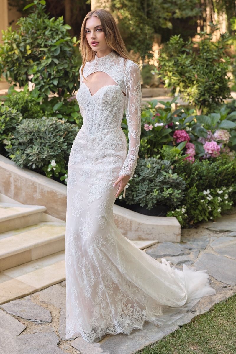 Sequined Lace Fit-and-Flare Bridal Gown with Detachable Bolero