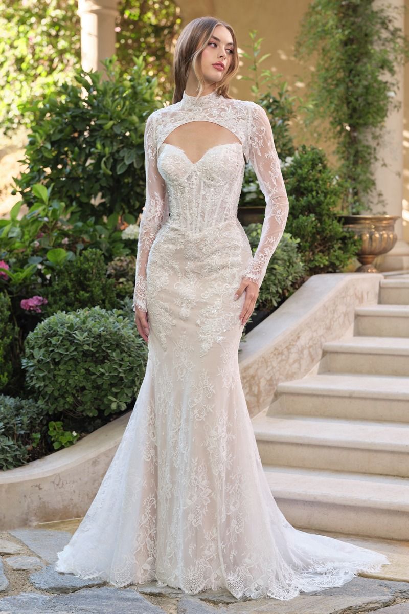 Sequined Lace Fit-and-Flare Bridal Gown with Detachable Bolero